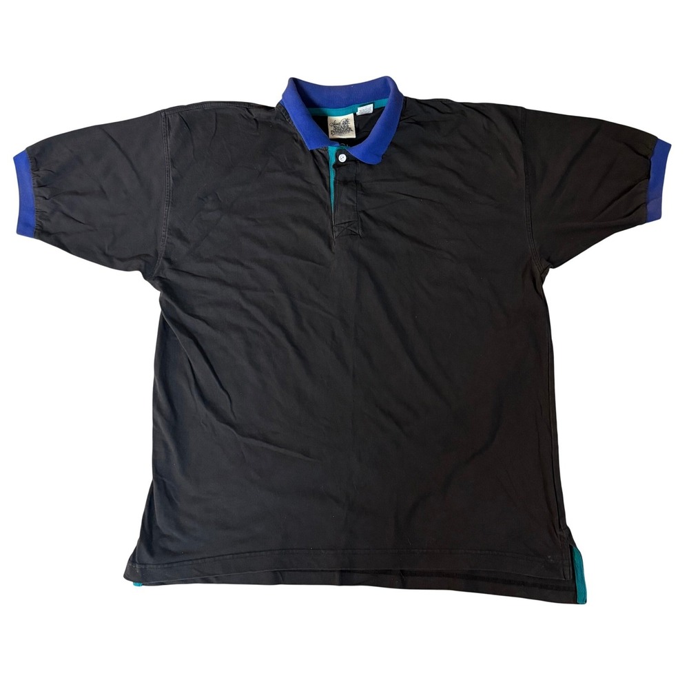 Vintage Sears Roebuck and Co Men XL Black Cotton Colorblock Polo Shirt Blue Teal